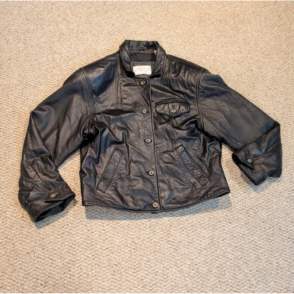 Vintage Lord & Taylor Leather Jacket Womens 8 Black Zip Classic Button